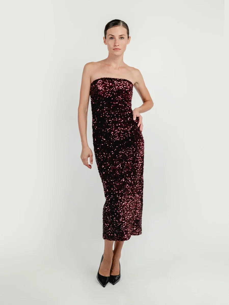 ABITO BUSTIER CON PAILLETTES RUBINO - immagine 3