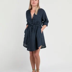 ABITO CORTO IN LINO CON MANICA A 3/4 BLU