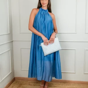 ABITO LUNGO CON SCOLLO HALTER AZZURRO