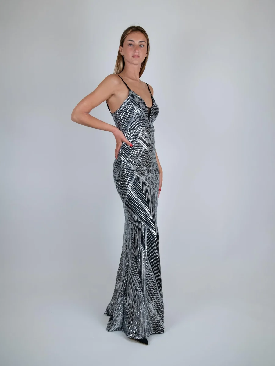 ABITO LUNGO PAILETTES ARGENTO E NERO - immagine 5