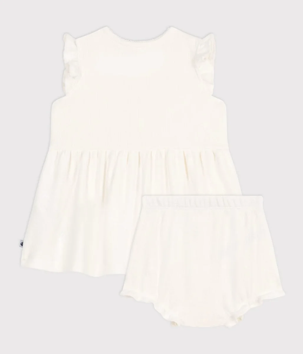 Abito a maniche corte a nido d'ape bianco neonata - immagine 4