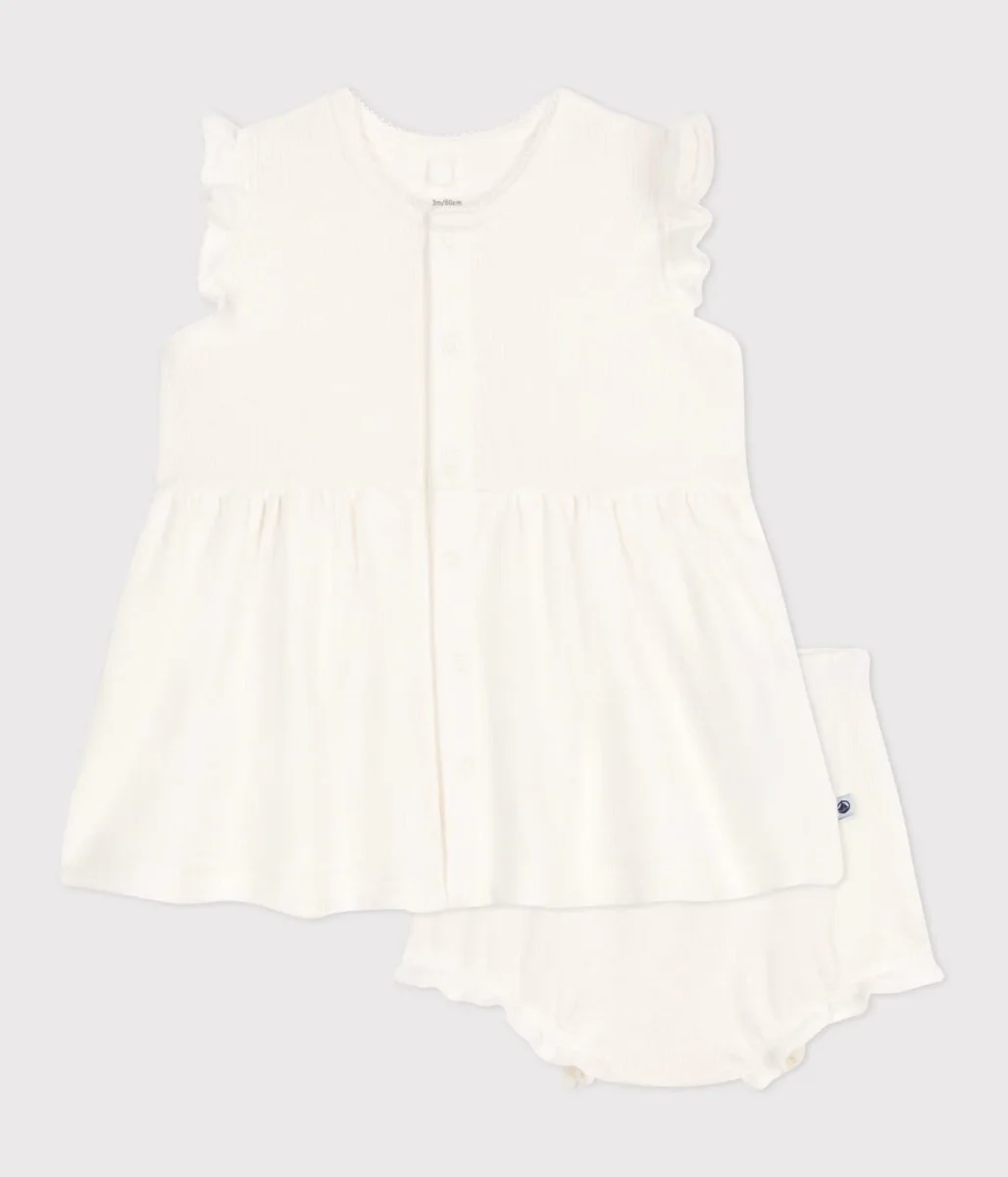 Abito a maniche corte a nido d'ape bianco neonata - immagine 3