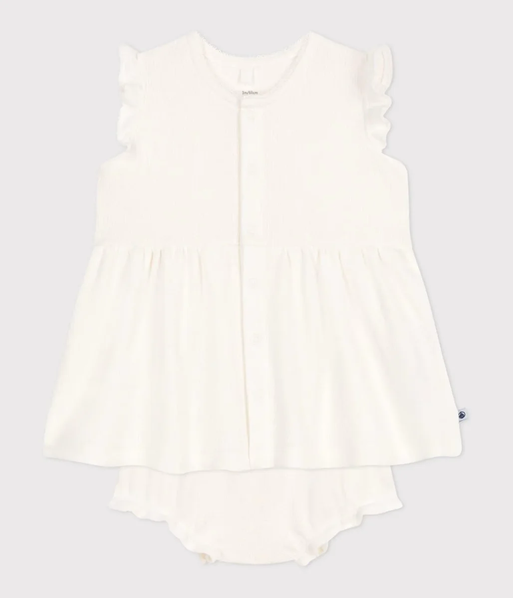 Abito a maniche corte a nido d'ape bianco neonata