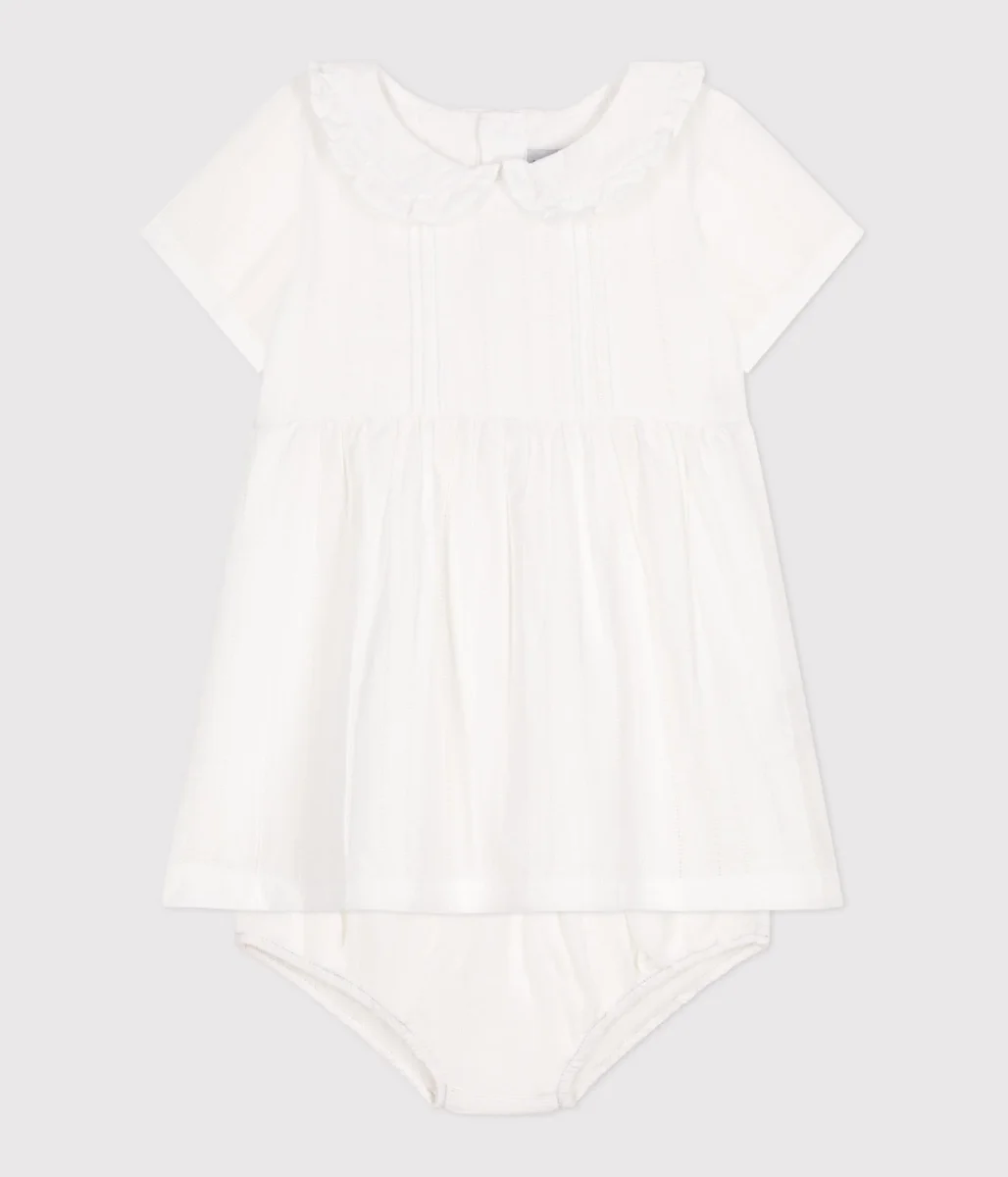 Abito bianco in cotone neonato, con bloomer e dettagli traforati - immagine 4