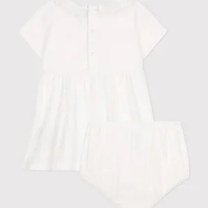 Abito bianco in cotone neonato, con bloomer e dettagli traforati
