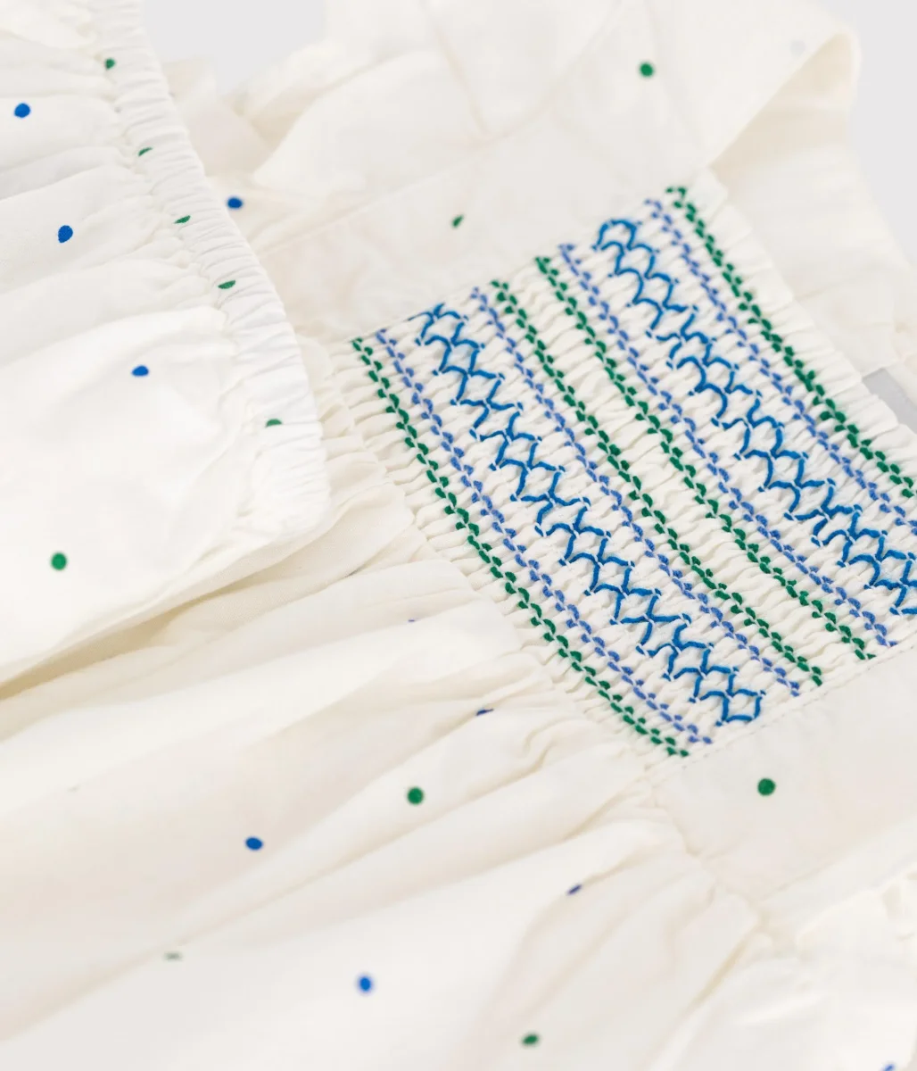 Abito bianco neonato in cotone e bloomer coordinato con stampa a pois - immagine 8