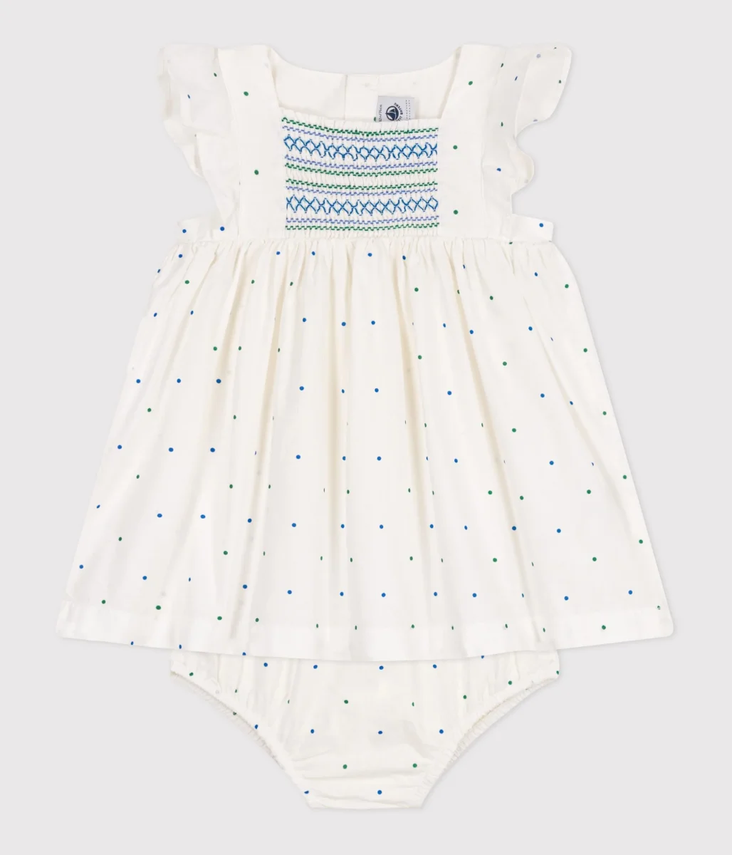 Abito bianco neonato in cotone e bloomer coordinato con stampa a pois - immagine 6