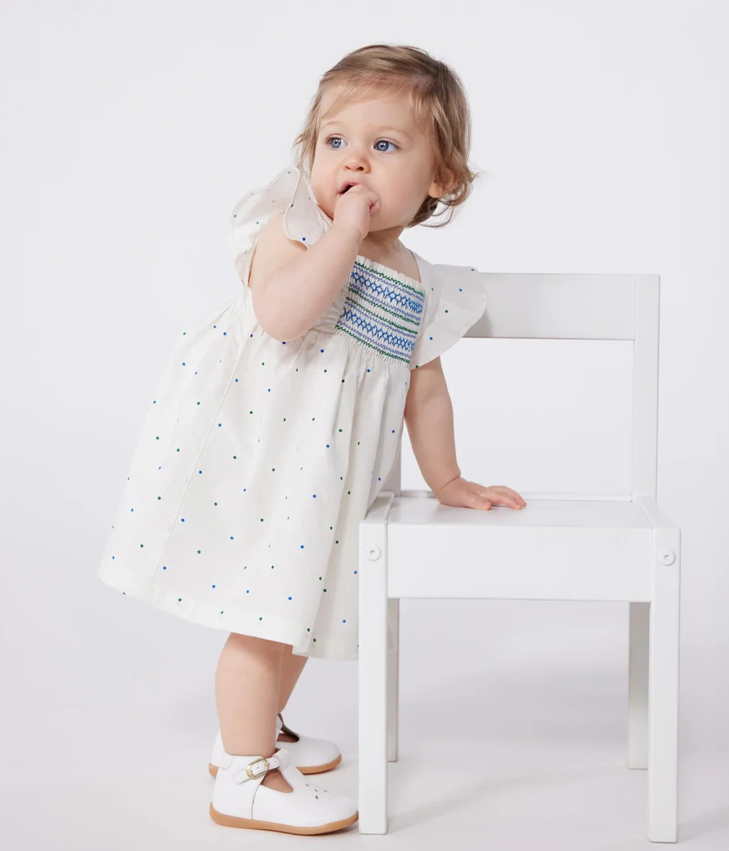 Abito bianco neonato in cotone e bloomer coordinato con stampa a pois