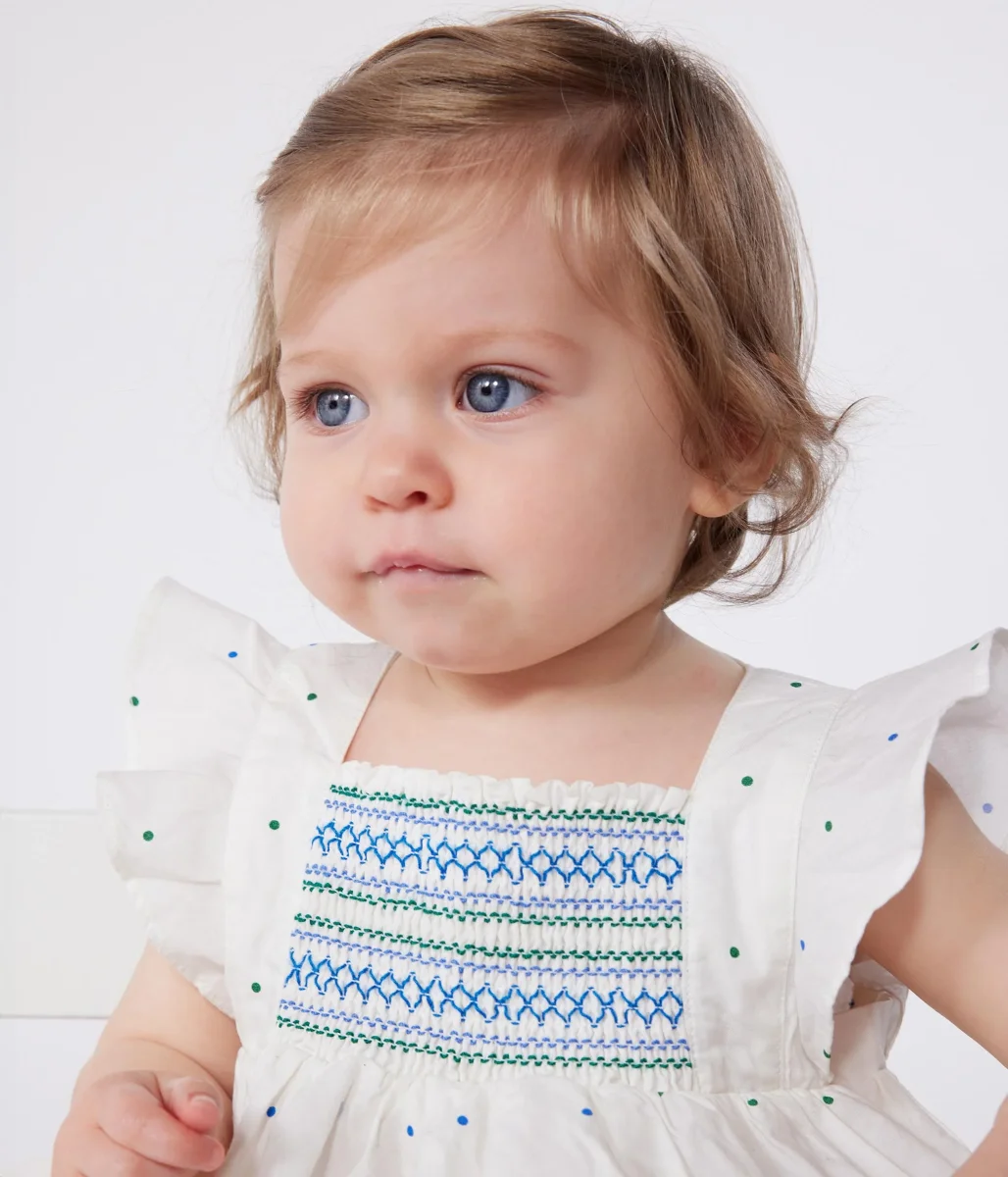 Abito bianco neonato in cotone e bloomer coordinato con stampa a pois - immagine 3