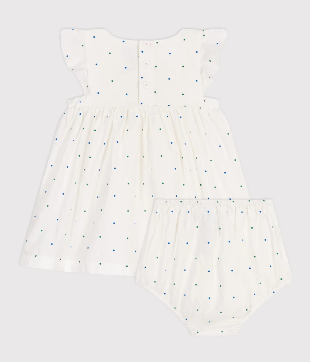 Abito bianco neonato in cotone e bloomer coordinato con stampa a pois - immagine 7