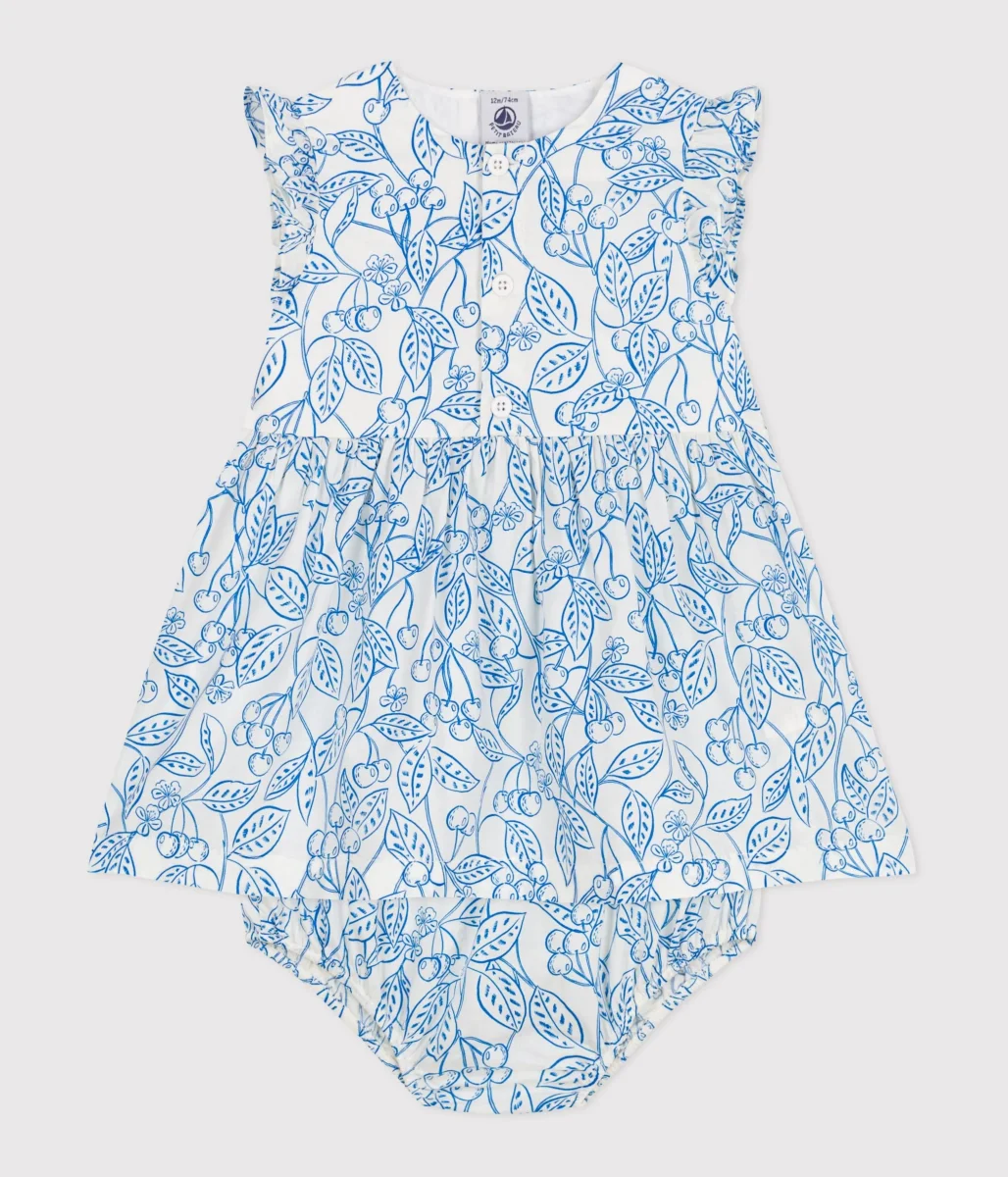 Abito e bloomer in cotone con stampa di ciliegie blu bebè - immagine 3