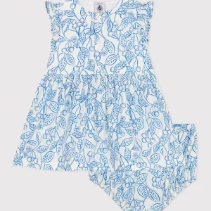 Abito e bloomer in cotone con stampa di ciliegie blu bebè