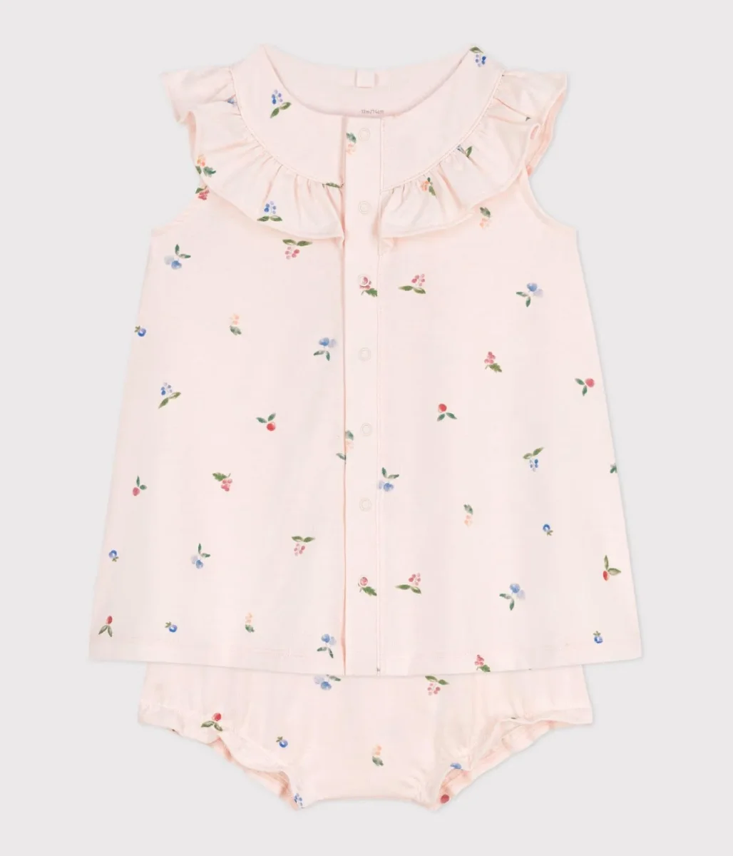 Abito neonato a maniche corte in cotone e bloomer con stampa a frutti