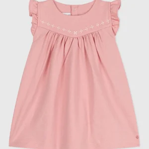 Abito senza maniche in cotone rosa con dettagli ricamati sullo scollo bebè