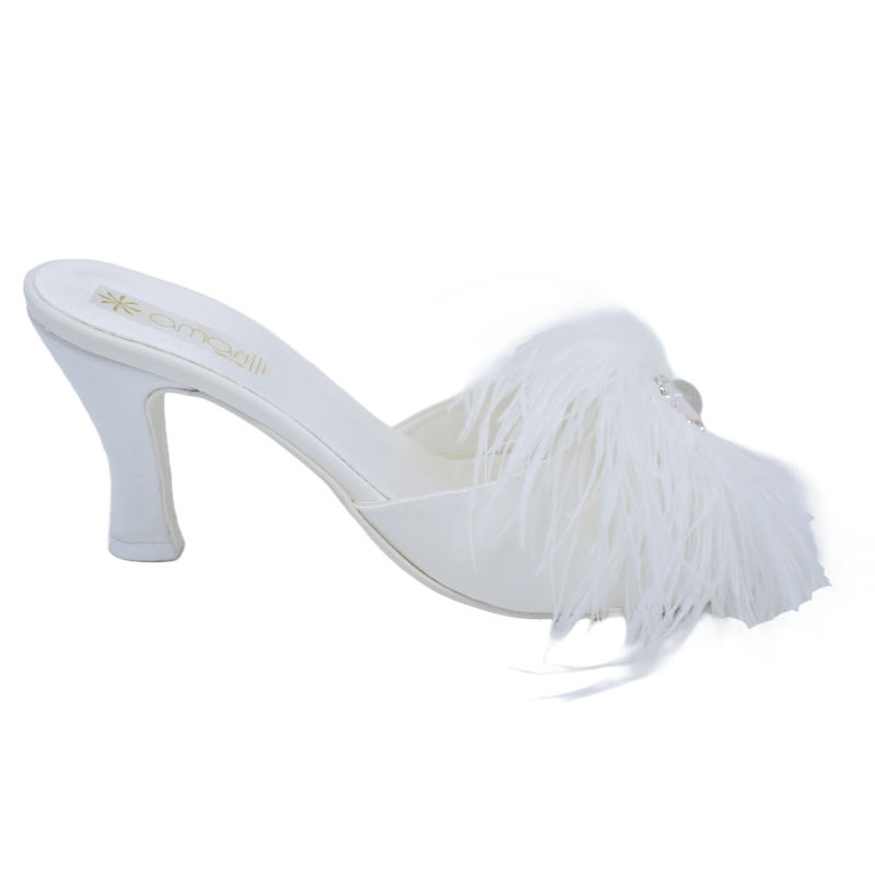 Farfalla con piuma e perla: Ciabatte da Sposa in raso Tacco 8