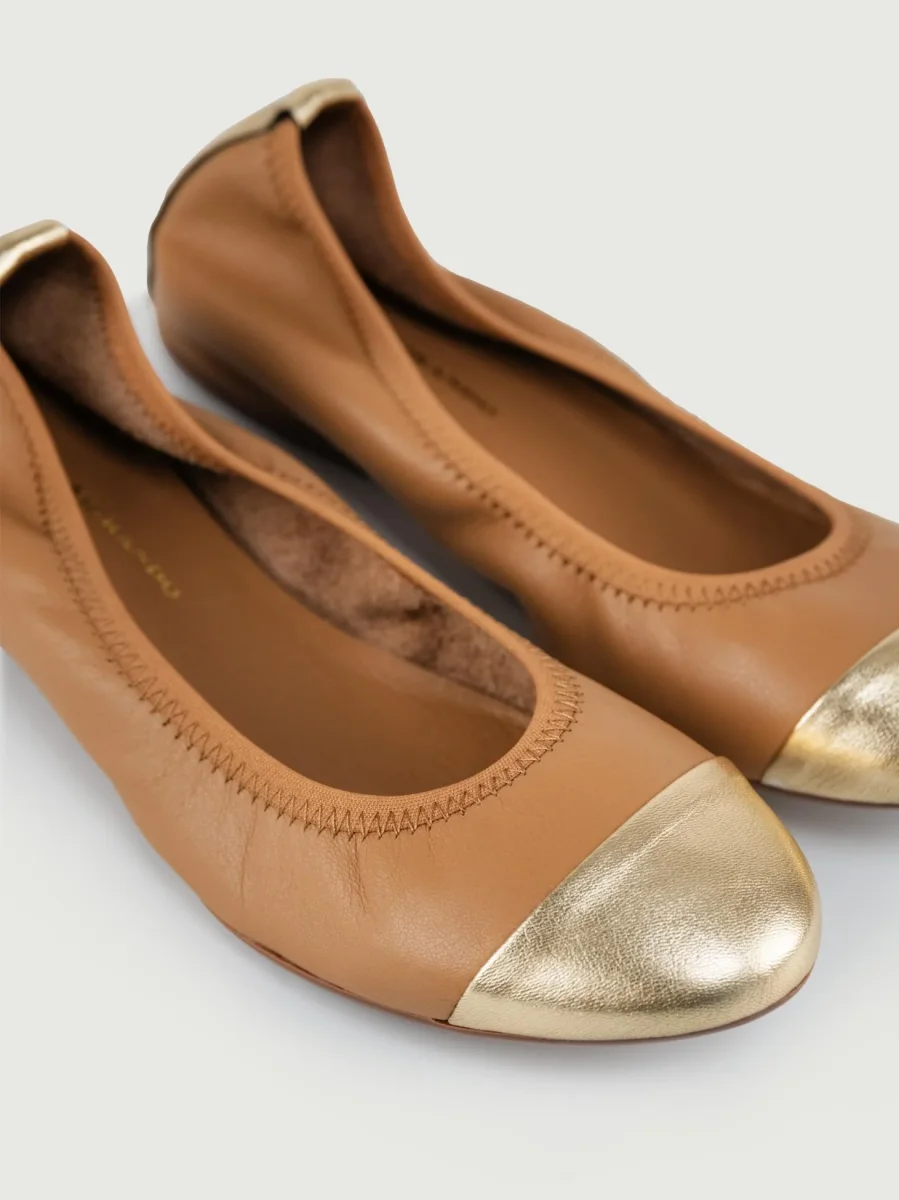 BALLERINA IN PELLE BICOLOR CUOIO E ORO - immagine 6