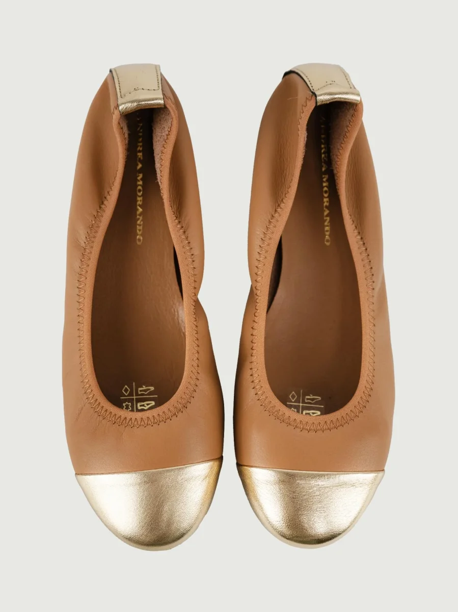 BALLERINA IN PELLE BICOLOR CUOIO E ORO - immagine 5