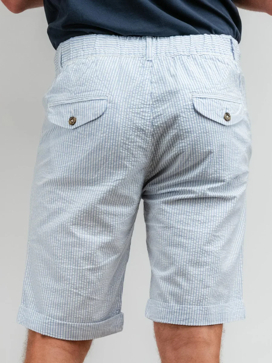 BERMUDA IN COTONE A RIGHE AZZURRE E BIANCHE CON COULISSE - immagine 6