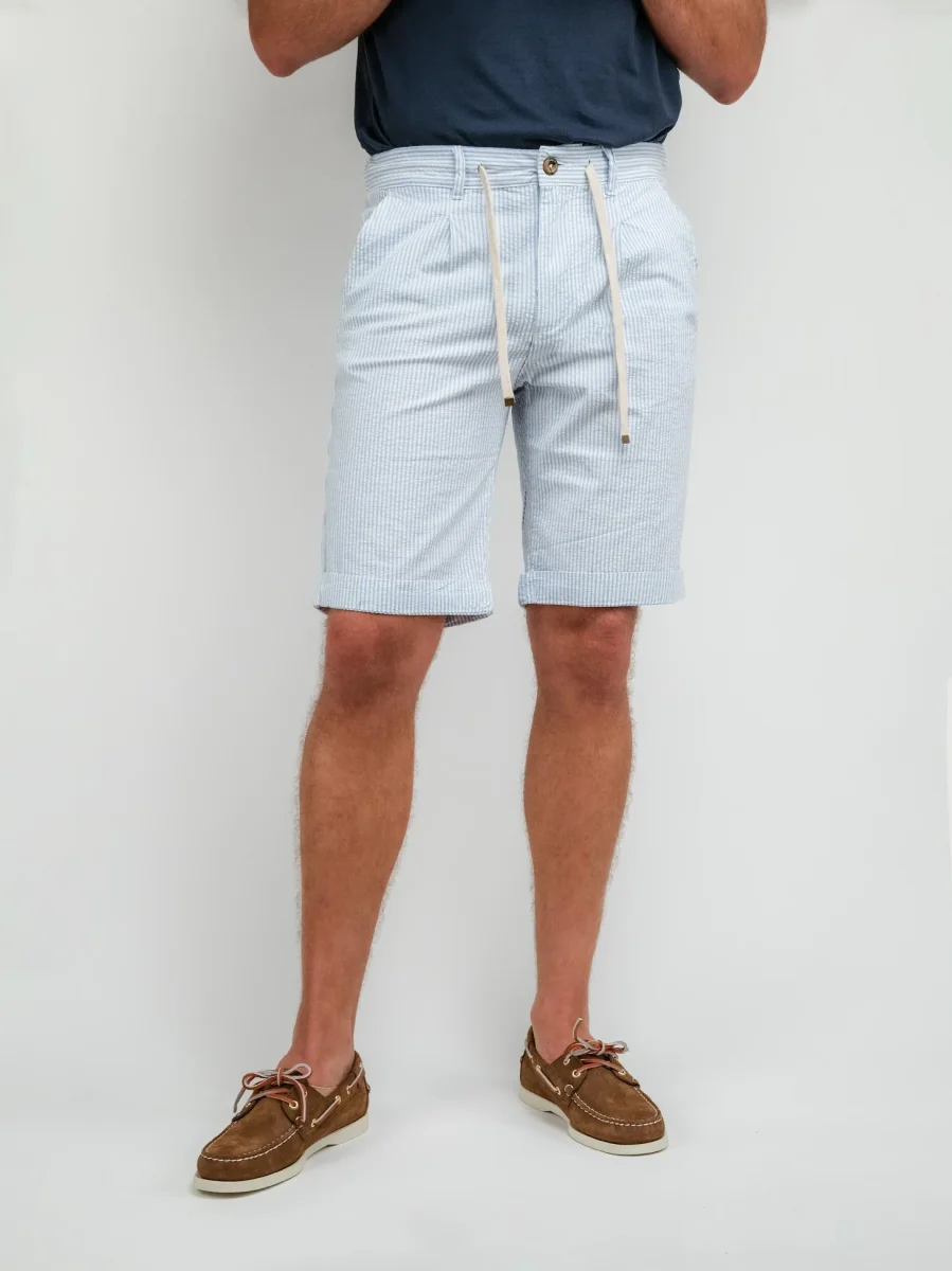 BERMUDA IN COTONE A RIGHE AZZURRE E BIANCHE CON COULISSE