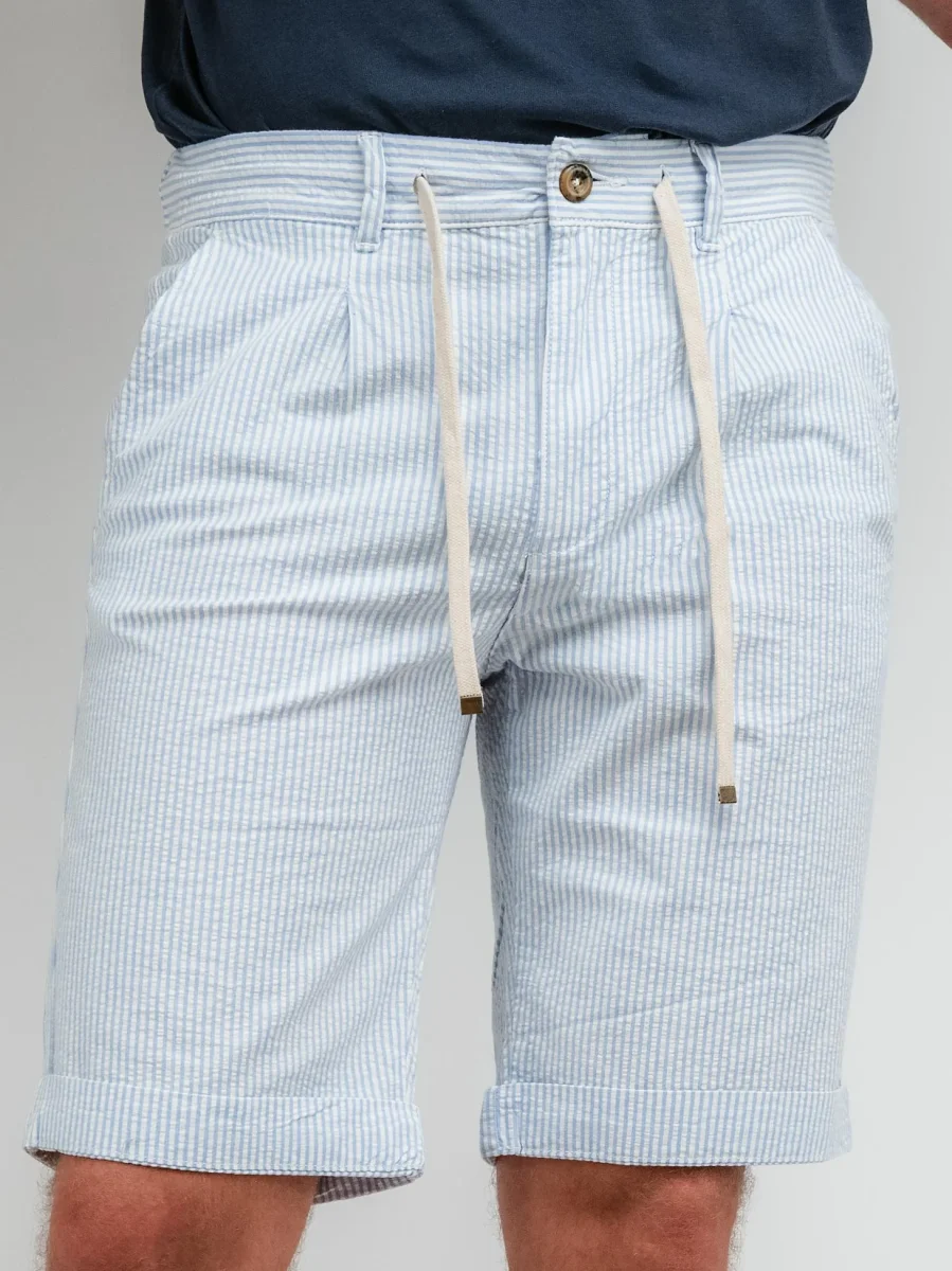 BERMUDA IN COTONE A RIGHE AZZURRE E BIANCHE CON COULISSE - immagine 3