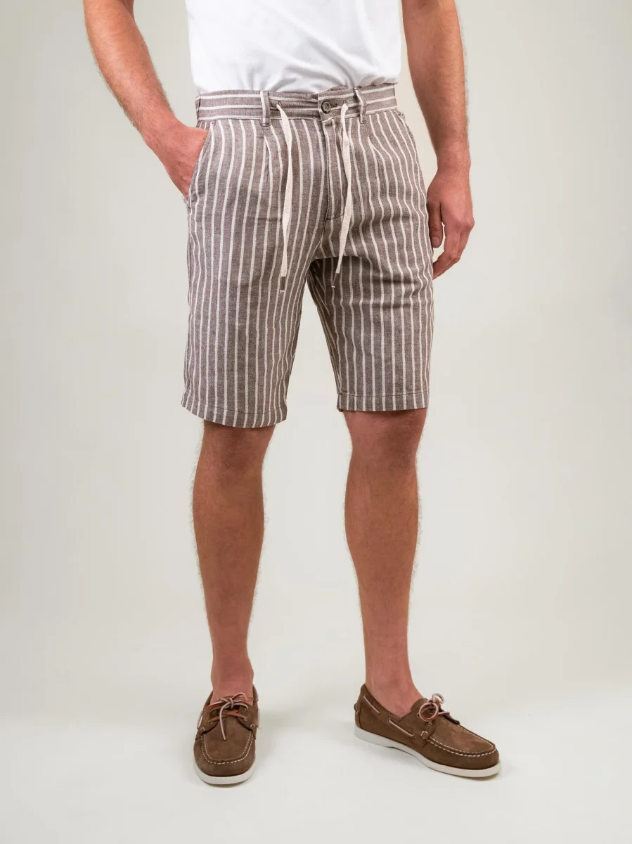 BERMUDA IN LINO E COTONE A RIGHE MARRONE E PANNA