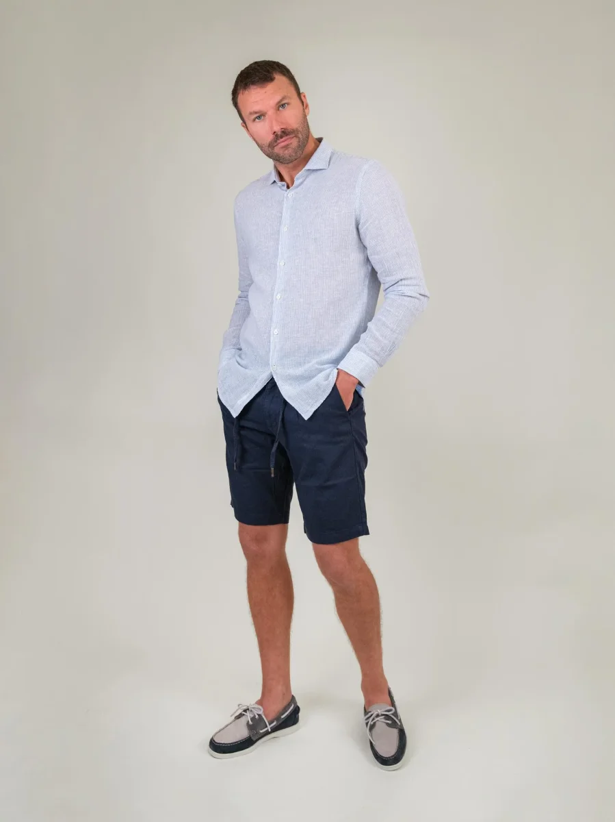 BERMUDA IN LINO E COTONE BLU - immagine 5