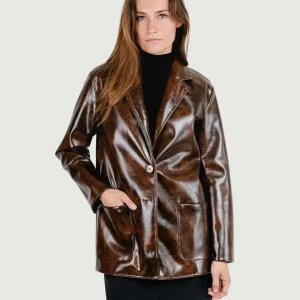 BLAZER MONOPETTO IN ECOPELLE MARRONE