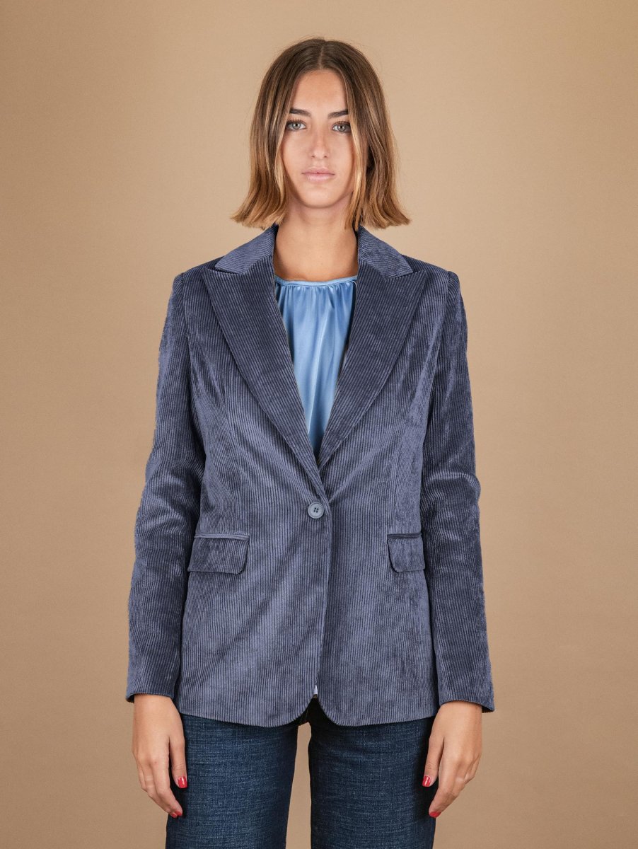 BLAZER MONOPETTO IN VELLUTO A COSTE BLU