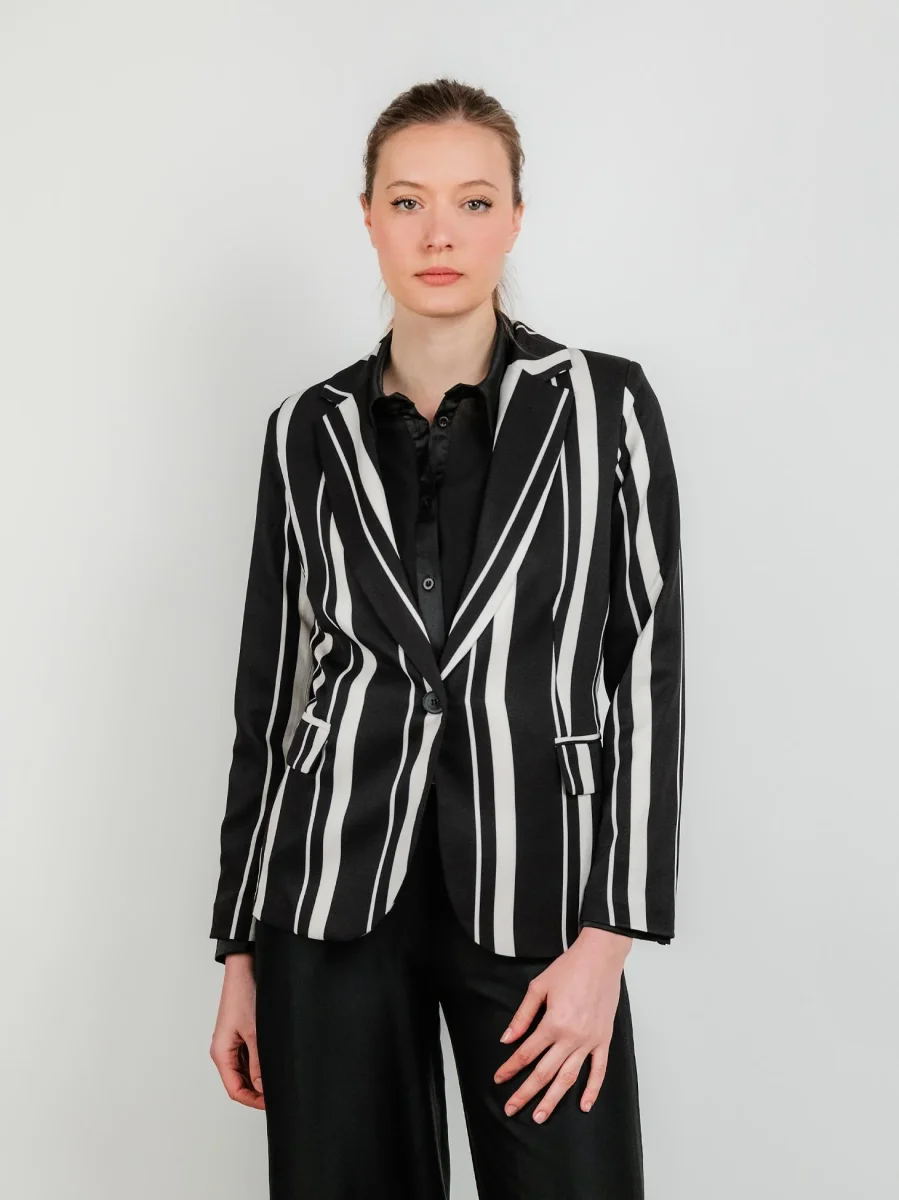 BLAZER MONOPETTO NERO A RIGHE PANNA
