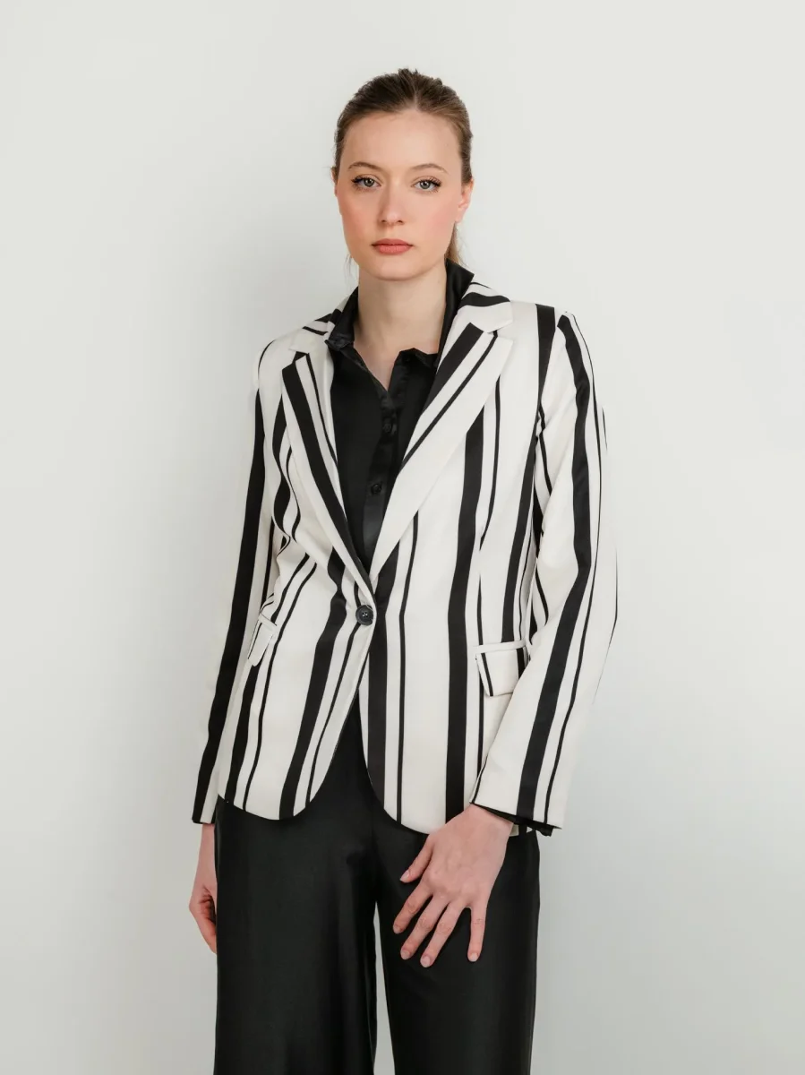 BLAZER MONOPETTO PANNA A RIGHE NERE