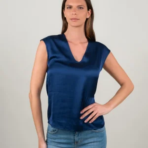 BLUSA CON SCOLLO A V E MANICA CORTA IN RASO BLU