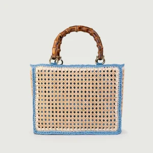 BORSA A MANO IN RAFIA NATURALE E AZZURRO