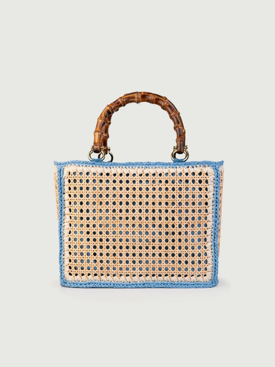 BORSA A MANO IN RAFIA NATURALE E AZZURRO