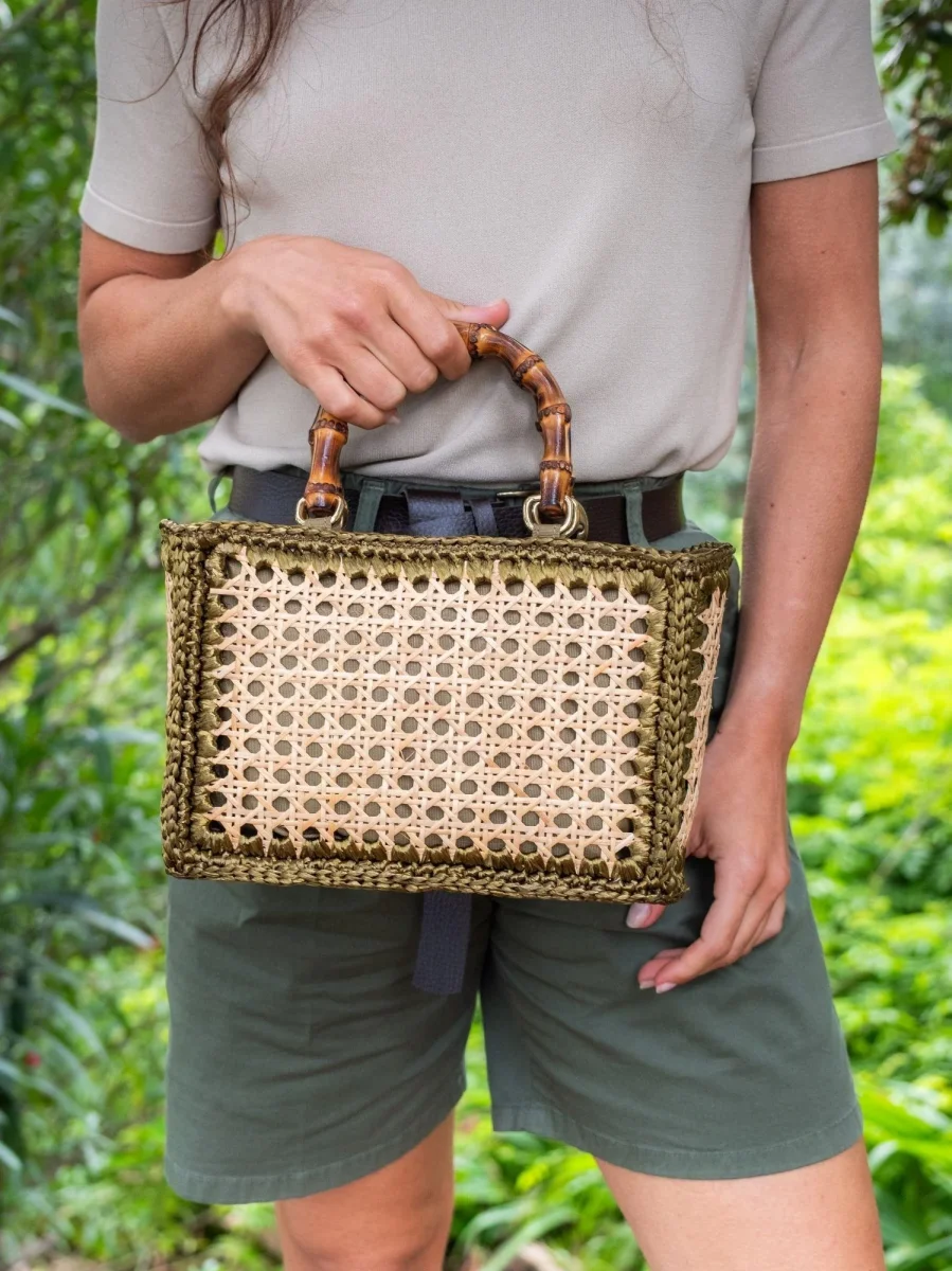 BORSA A MANO IN RAFIA NATURALE E KAKI - immagine 7