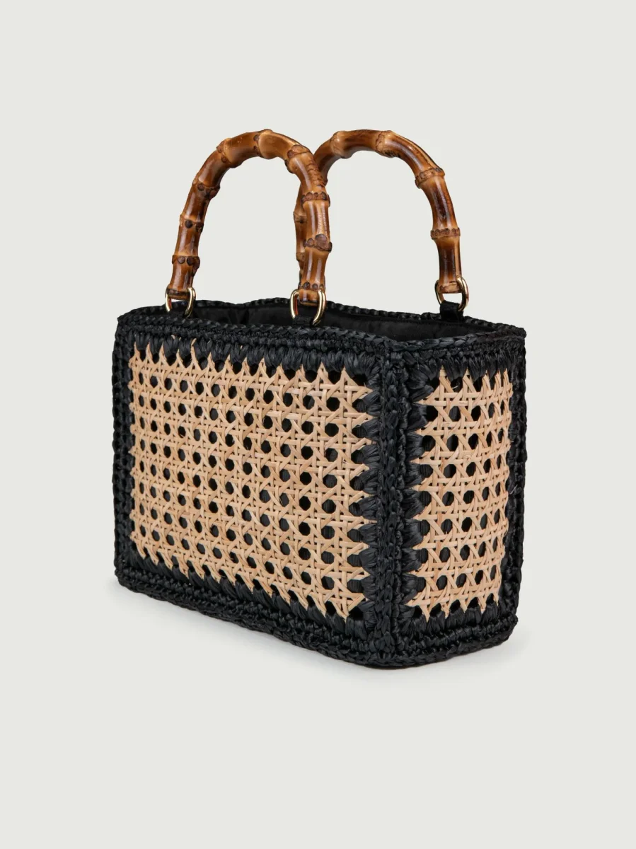 BORSA A MANO IN RAFIA NATURALE E NERO - immagine 3