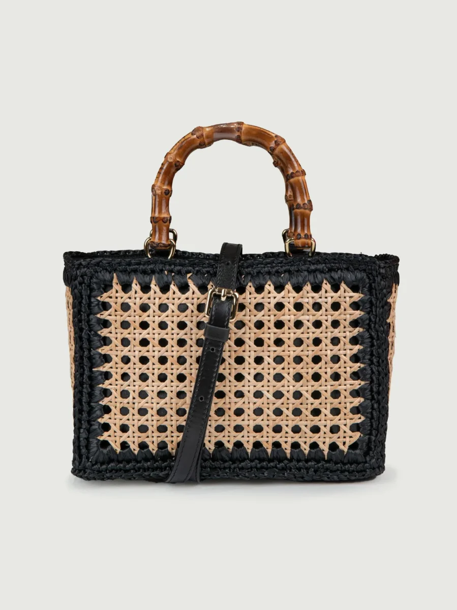 BORSA A MANO IN RAFIA NATURALE E NERO - immagine 4