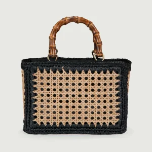 BORSA A MANO IN RAFIA NATURALE E NERO