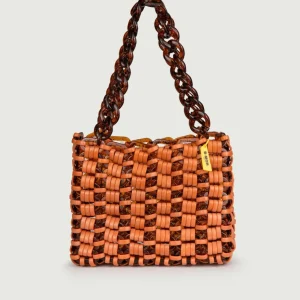 BORSA A SPALLA IN RESINA BICOLORE MATTONE E MARRONE "BASKET"