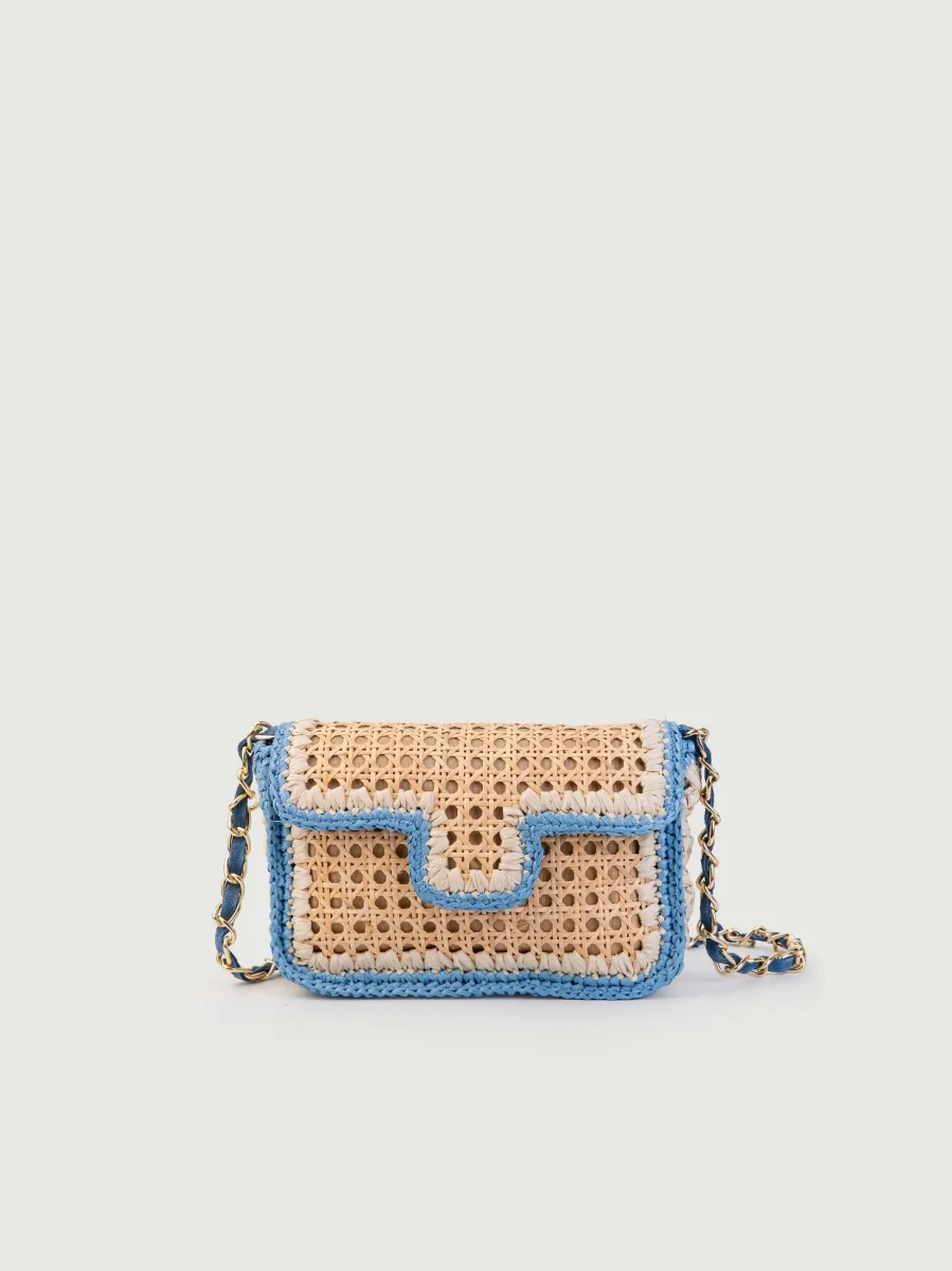 BORSA A TRACOLLA IN RAFIA NATURALE E AZZURRO