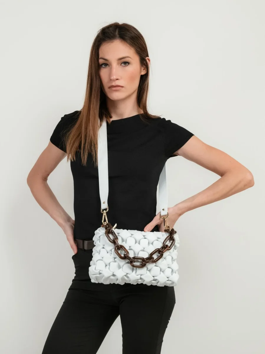 BORSA CURLY IN PELLE INTRECCIATA BIANCA - immagine 6