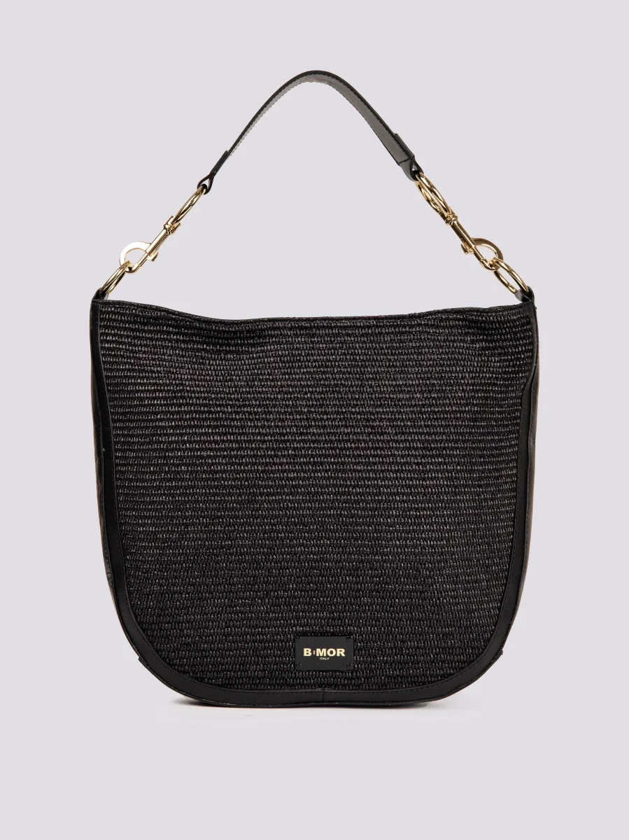 BORSA SHOPPER IN PELLE E RAFIA NERA "CAREFREE"