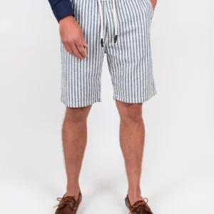 Bermuda a maxi righe blu in misto lino e cotone