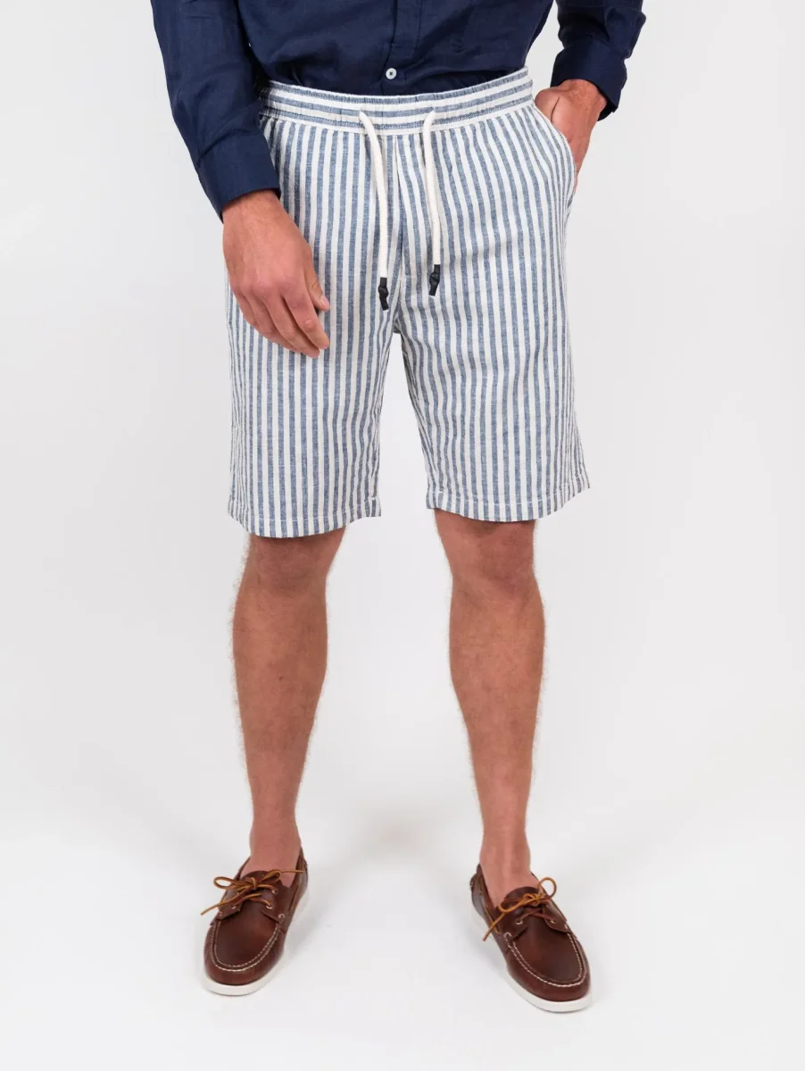 Bermuda a maxi righe blu in misto lino e cotone
