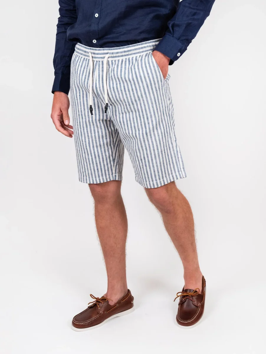 Bermuda a maxi righe blu in misto lino e cotone - immagine 3