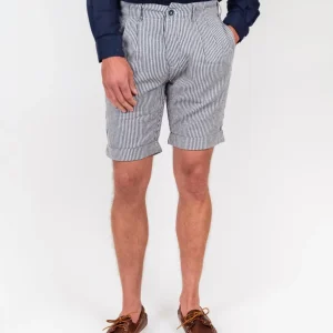 Bermuda a righe blu in misto lino e cotone