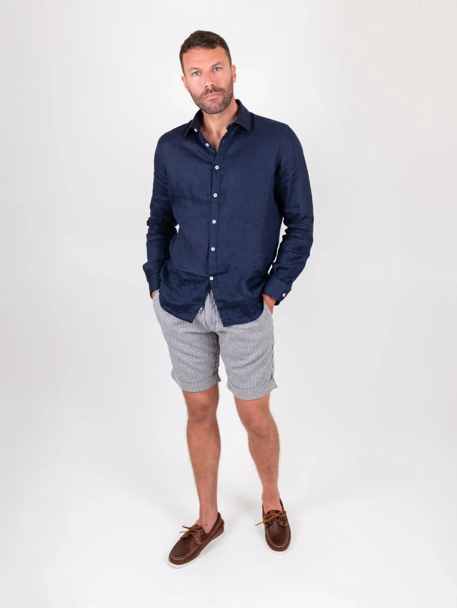 Bermuda a righe blu in misto lino e cotone - immagine 6