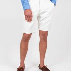 Bermuda bianco in lino e cotone con micro righe blu