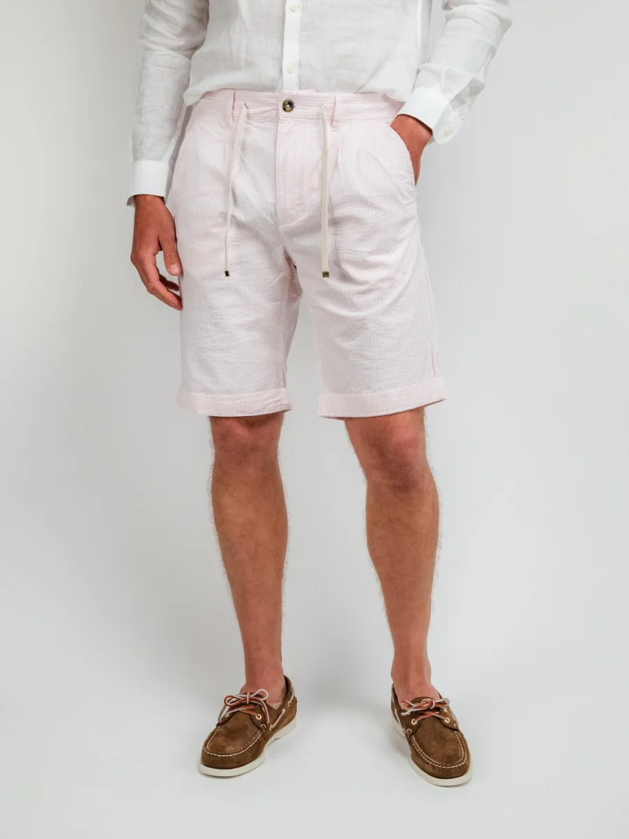 Bermuda in cotone a righe bianche e rosa