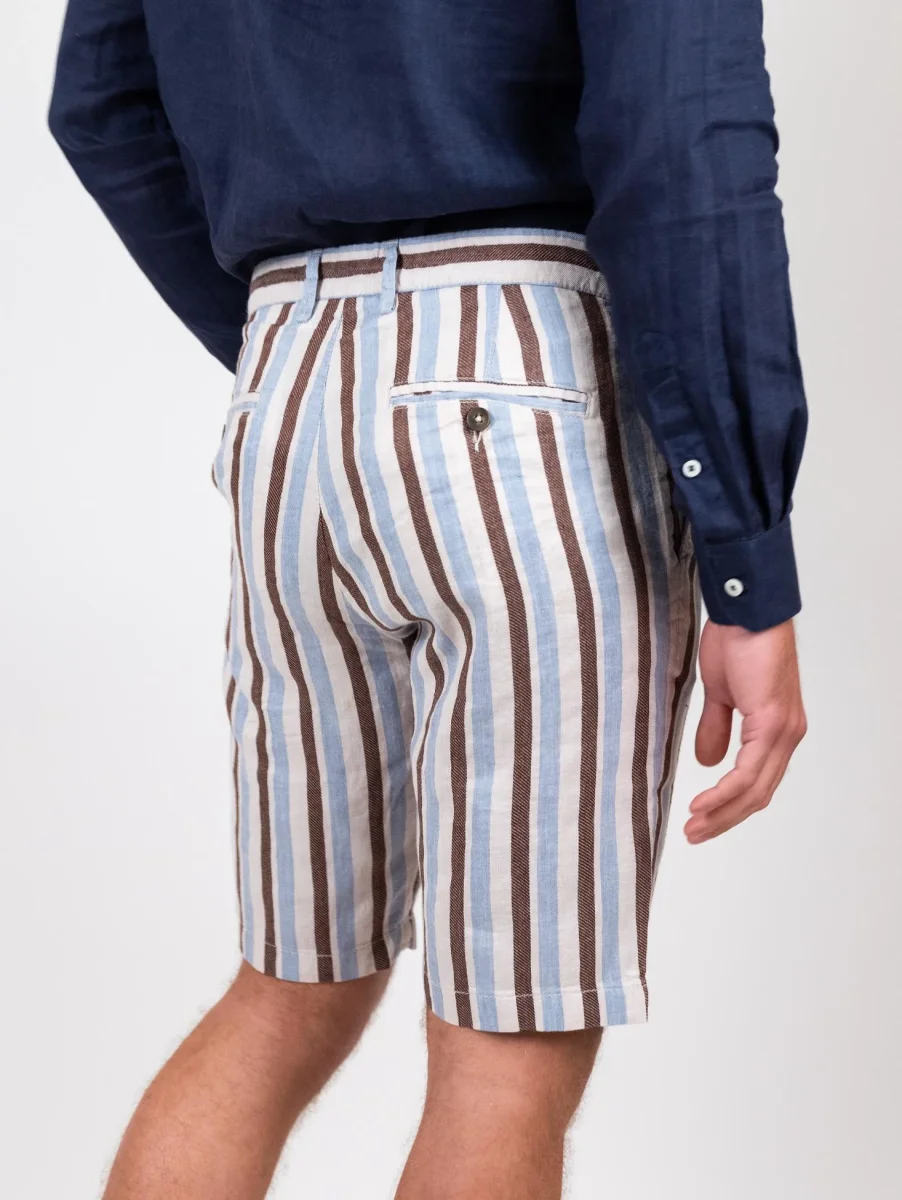 Bermuda in lino e cotone a righe marrone azzurro - immagine 5