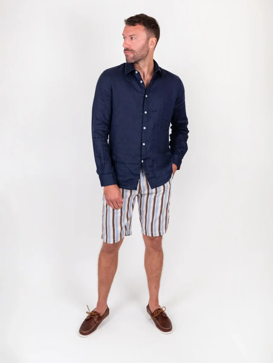 Bermuda in lino e cotone a righe marrone azzurro - immagine 7